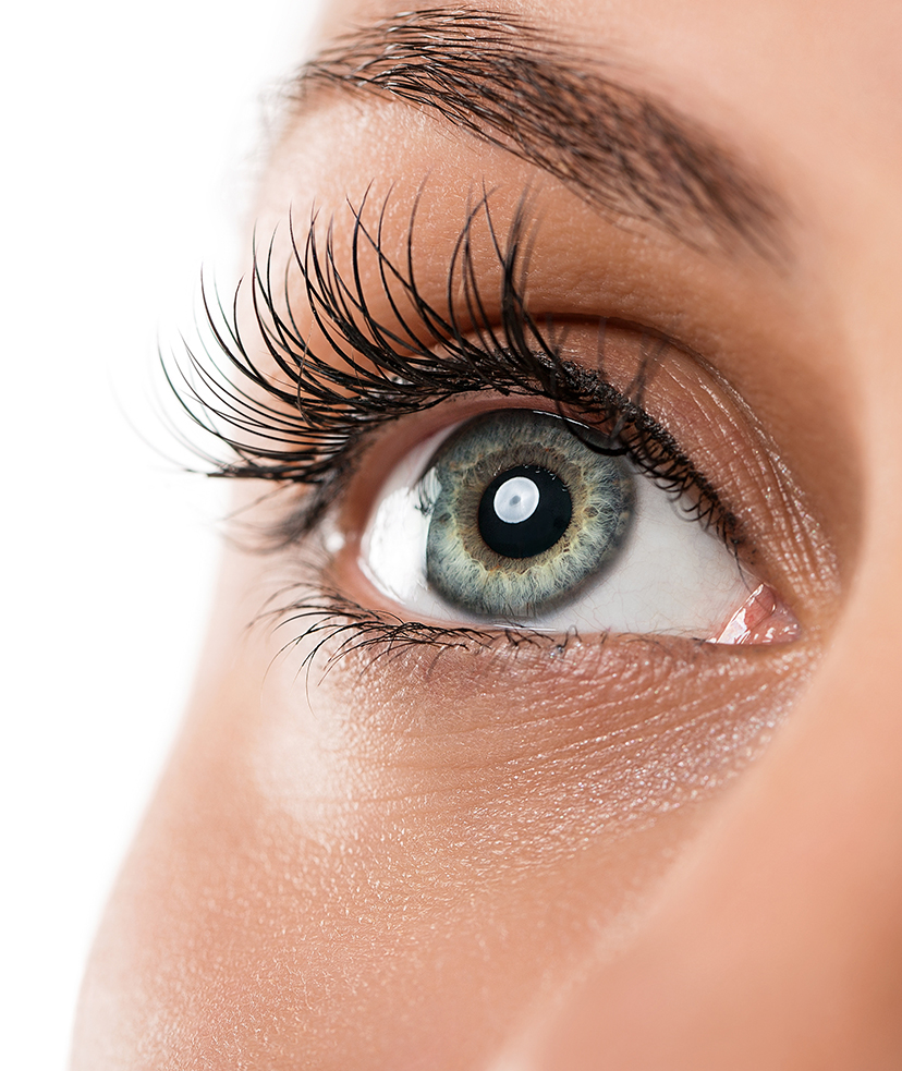 Photo of a woman's blue eye and lashes